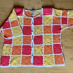 Vintage Y2K Fiorlini International Crochet Cardigan Pink Yellow Orange M